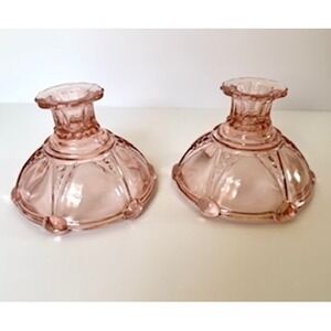 Set of 2 Vintage Anchor-Hocking Oyster and Pearl Pink Glass Candle Holders